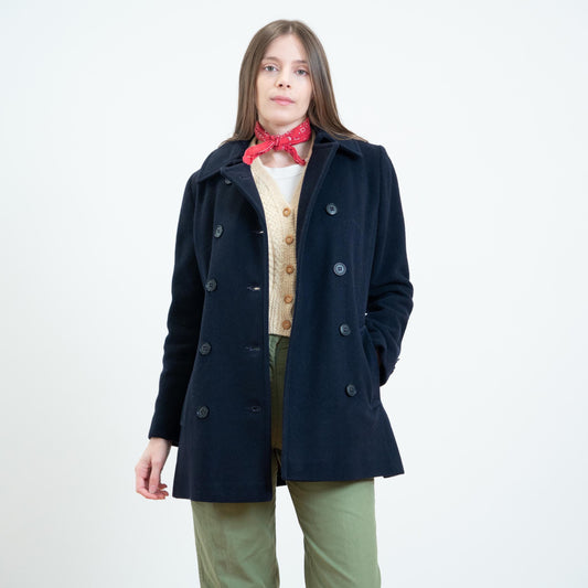 Vintage 70s Navy Blue Wool Peacoat - Extra Small | Double Breasted Button Up Mid Length Coat