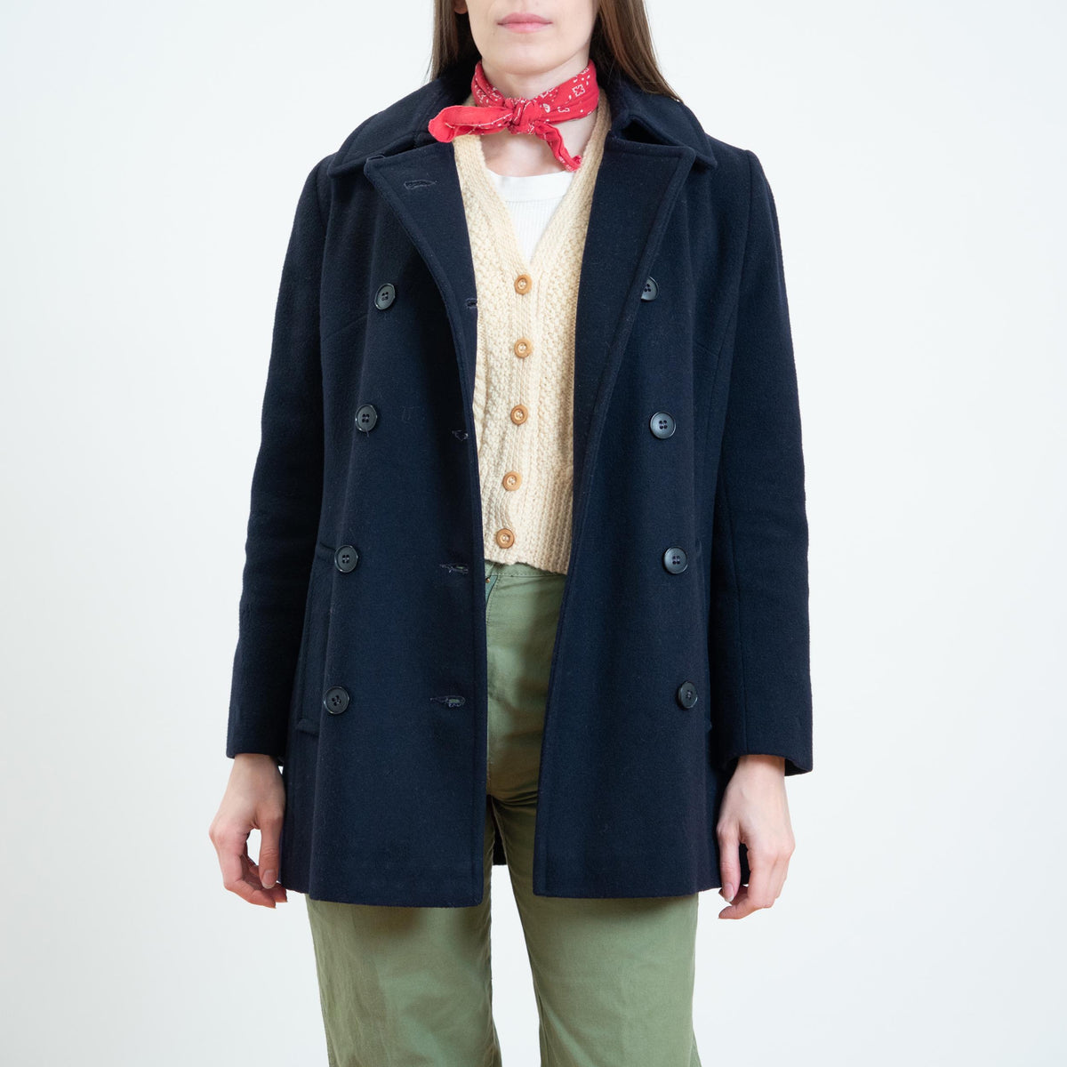 Vintage 70s Navy Blue Wool Peacoat - Extra Small | Double Breasted Button Up Mid Length Coat