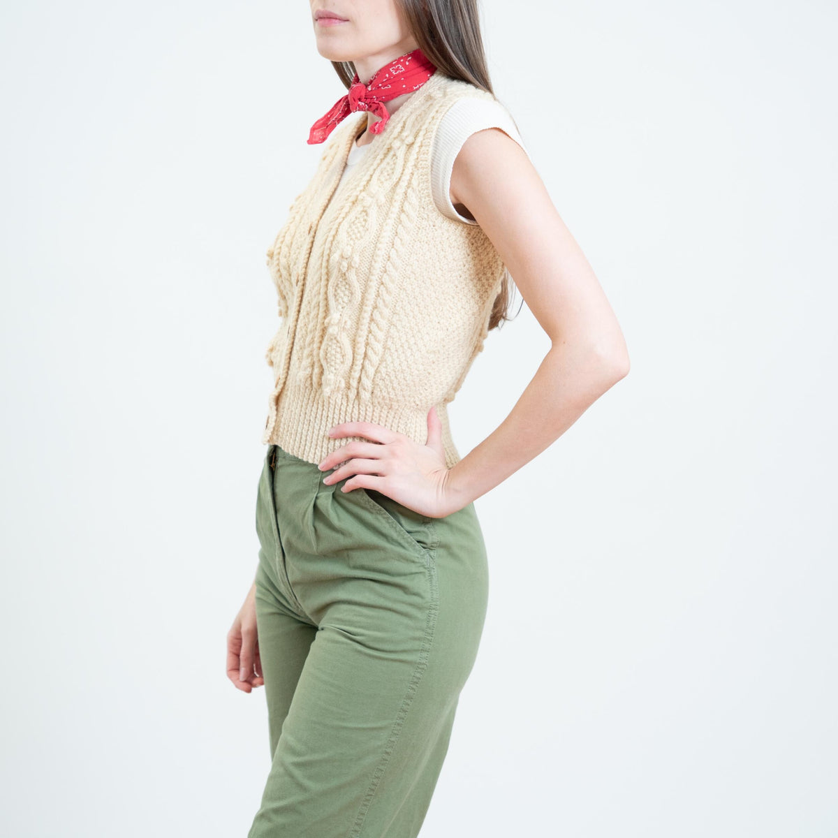 Vintage 70s Cream Wool Cable Knit Sweater Vest - XS to Small | Cropped Button Up Sleeveless Cardigan