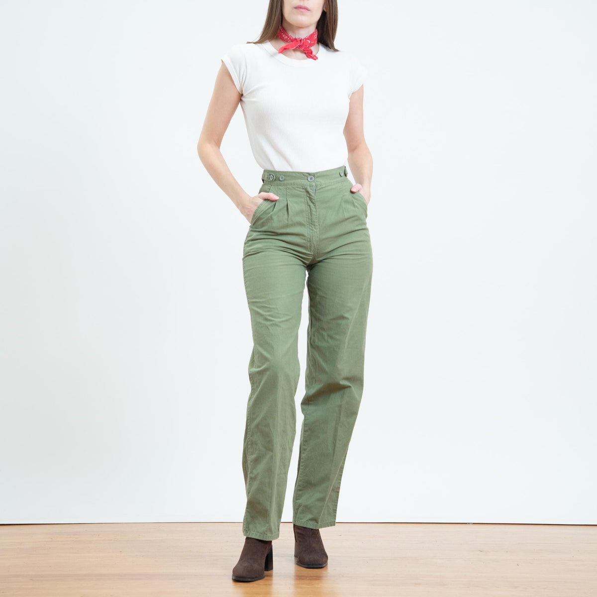 Vintage 80s Sage Green Cotton Pleated Trousers - Extra Small, 25" Waist | High Waisted Straight Leg Pants