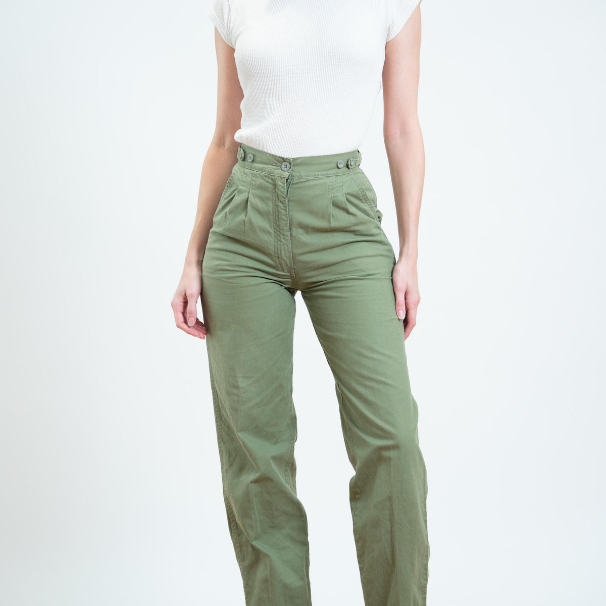 Vintage 80s Sage Green Cotton Pleated Trousers - Extra Small, 25" Waist | High Waisted Straight Leg Pants
