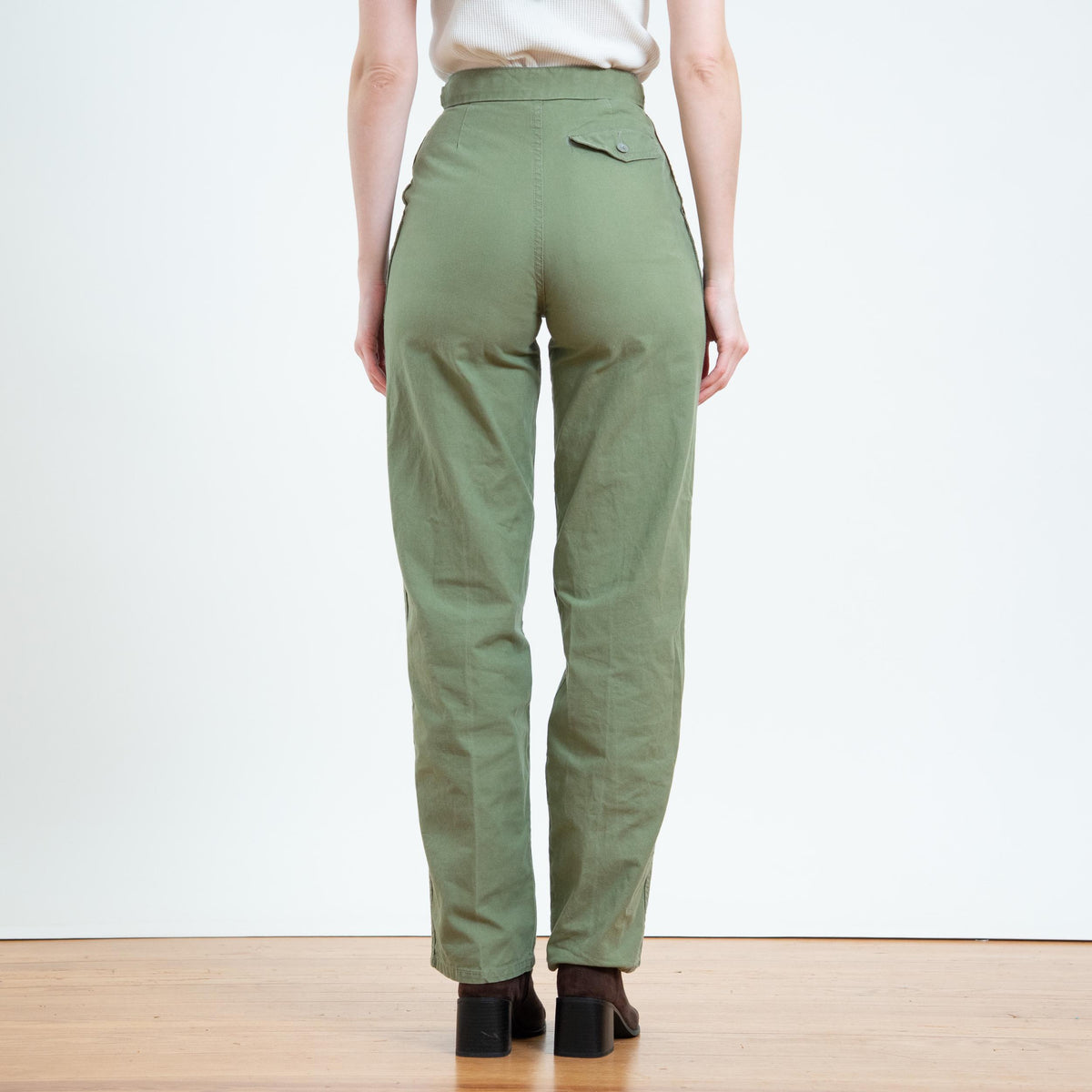 Vintage 80s Sage Green Cotton Pleated Trousers - Extra Small, 25" Waist | High Waisted Straight Leg Pants