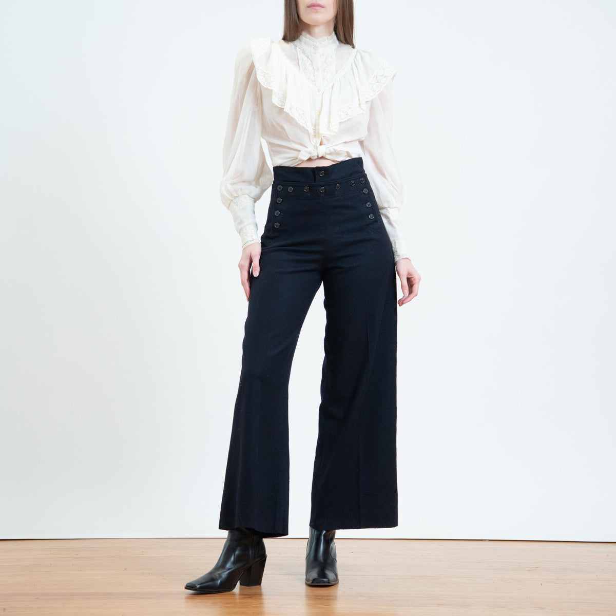 Vintage 60s US Navy Wool Sailor Pants - Small, 27" Waist | Flared Anchor Button Crackerjack Uniform Trousers