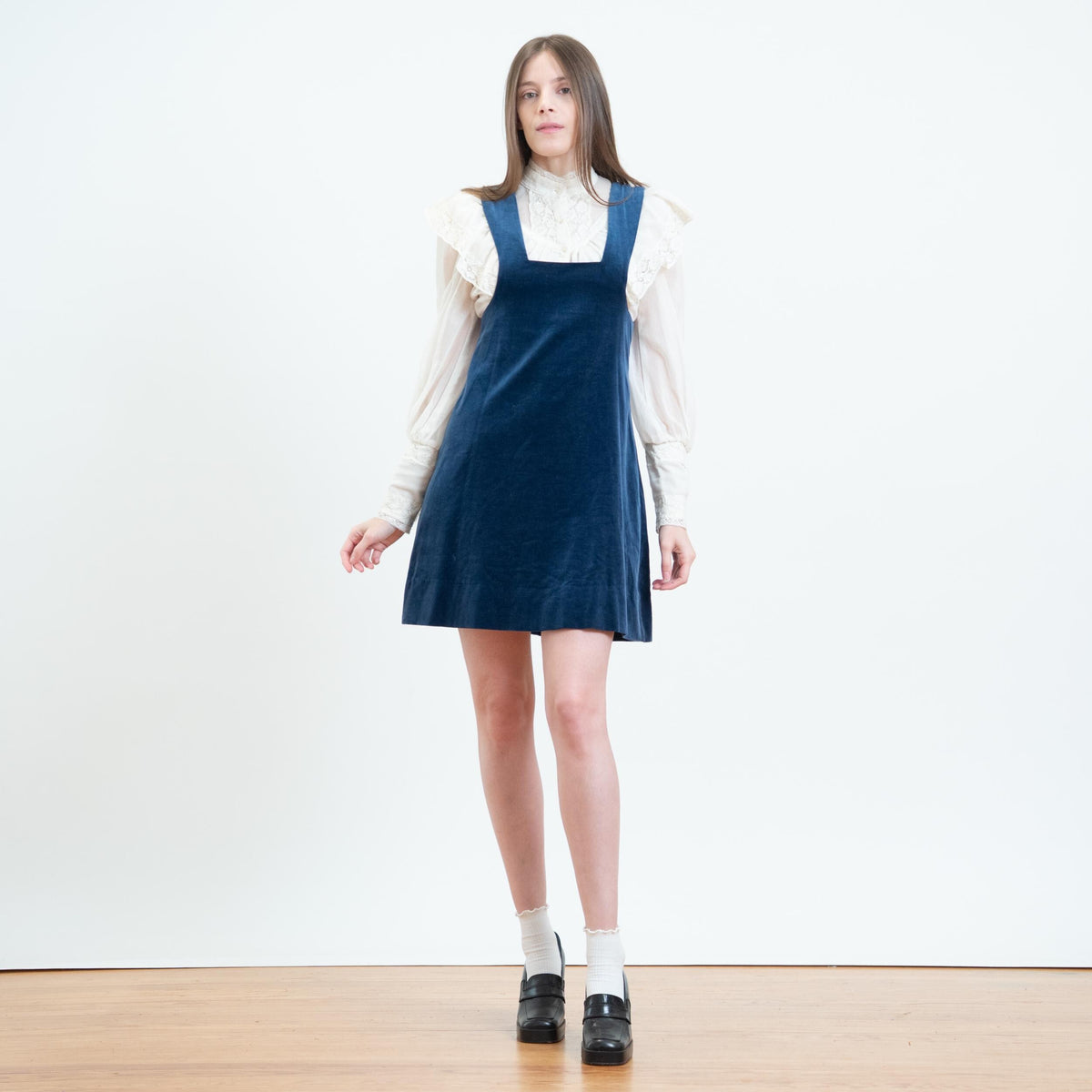 Vintage 70s Blue Velvet Mini Pinafore - Small | Boho A Line Sleeveless Overall Dress