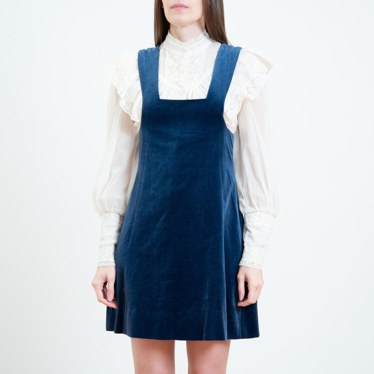 Vintage 70s Blue Velvet Mini Pinafore - Small | Boho A Line Sleeveless Overall Dress