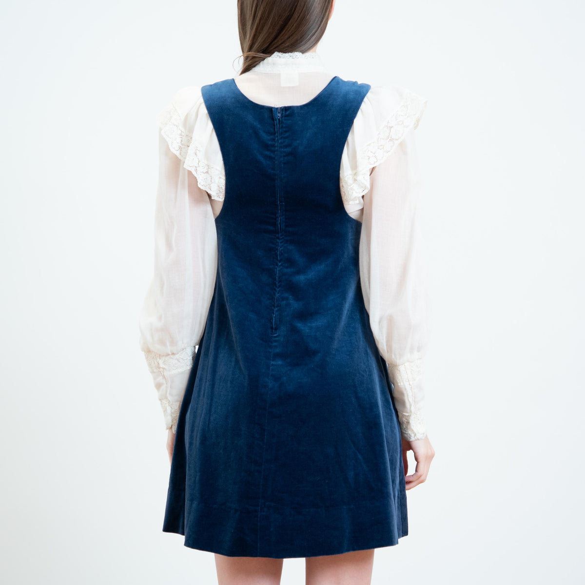 Vintage 70s Blue Velvet Mini Pinafore - Small | Boho A Line Sleeveless Overall Dress