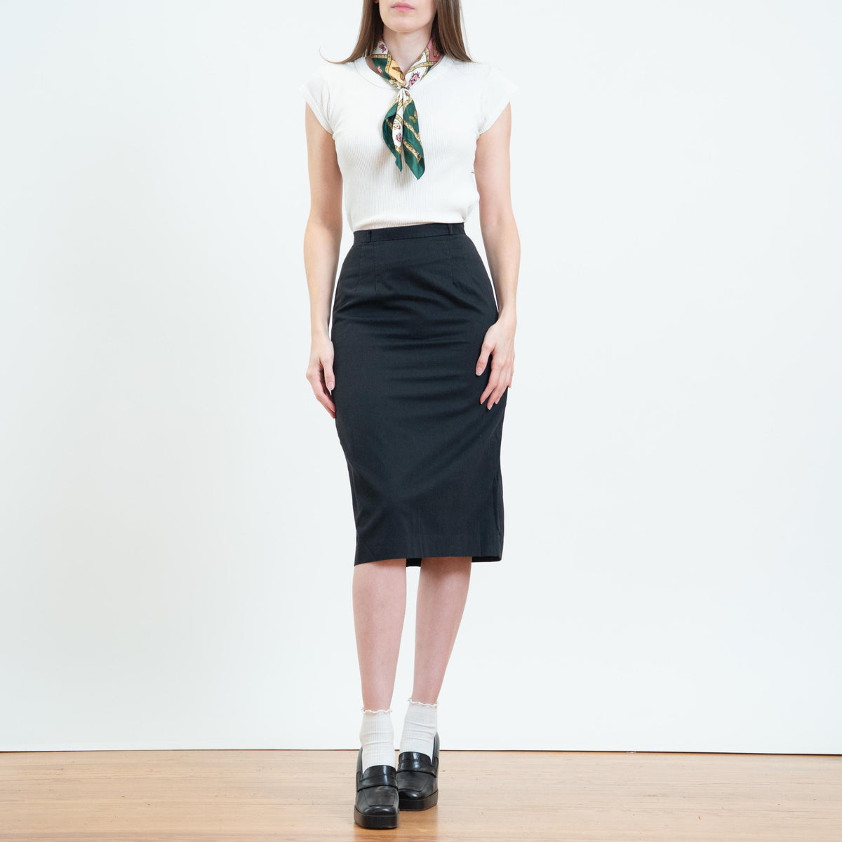 Vintage 50s Black Cotton Pencil Skirt - Extra Small, 24" Waist | 1950s High Waisted Midi Wiggle Skirt