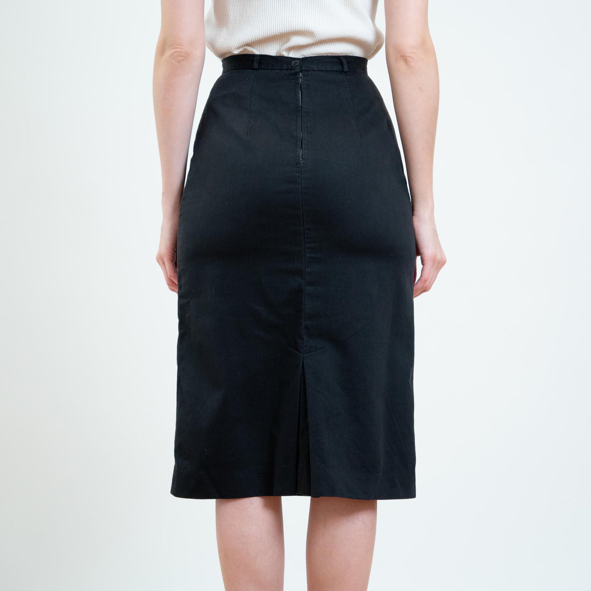 Vintage 50s Black Cotton Pencil Skirt - Extra Small, 24" Waist | 1950s High Waisted Midi Wiggle Skirt