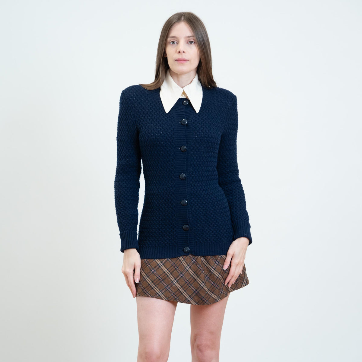 Vintage 70s Valentino Navy Knit Cardigan - Extra Small | Button Up Fitted Lightweight Sweater