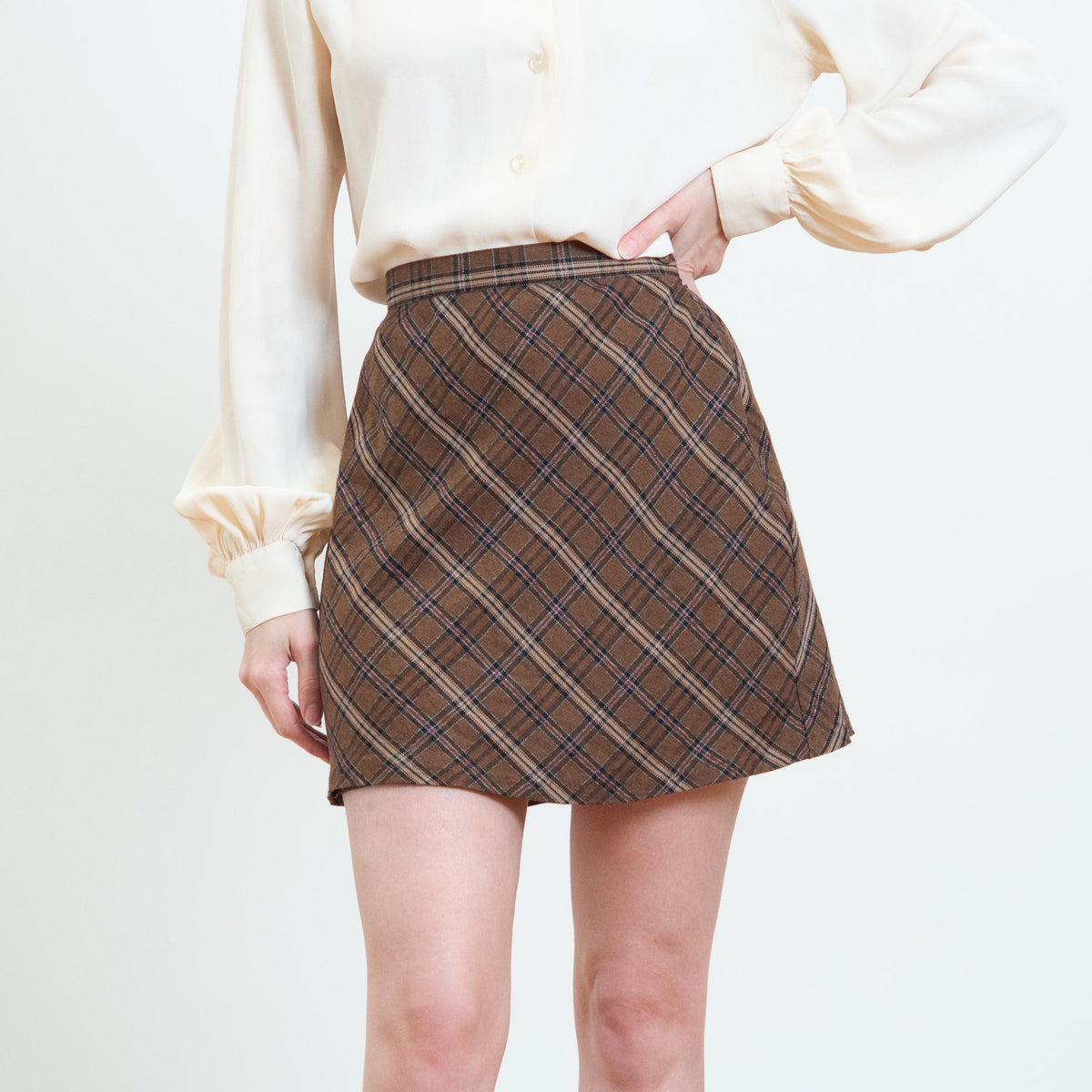Vintage 90s Brown Plaid Mini Skirt - Small | High Waisted A-Line Schoolgirl Miniskirt