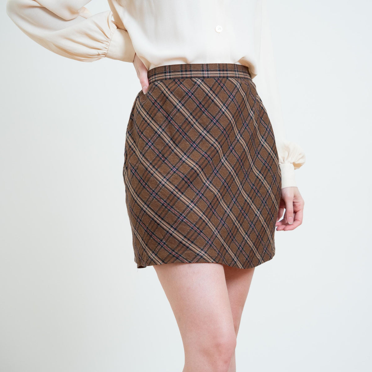 Vintage 90s Brown Plaid Mini Skirt - Small | High Waisted A-Line Schoolgirl Miniskirt