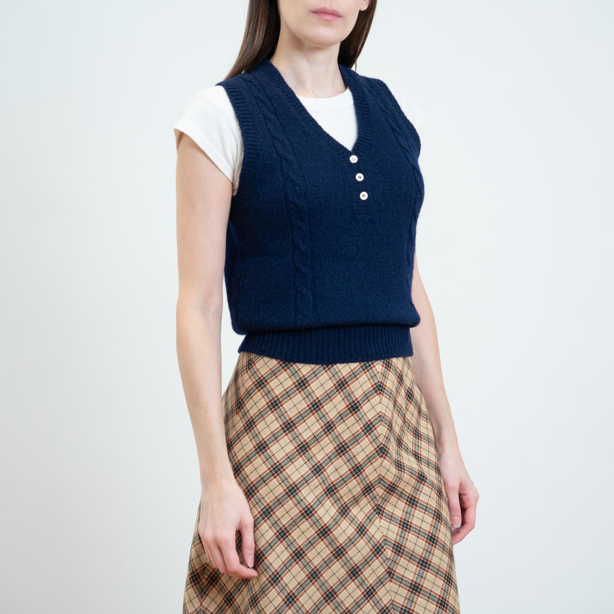 Vintage 90s L.L. Bean Navy Wool Sweater Vest - Small | Cropped Button Up Sleeveless Knit Top