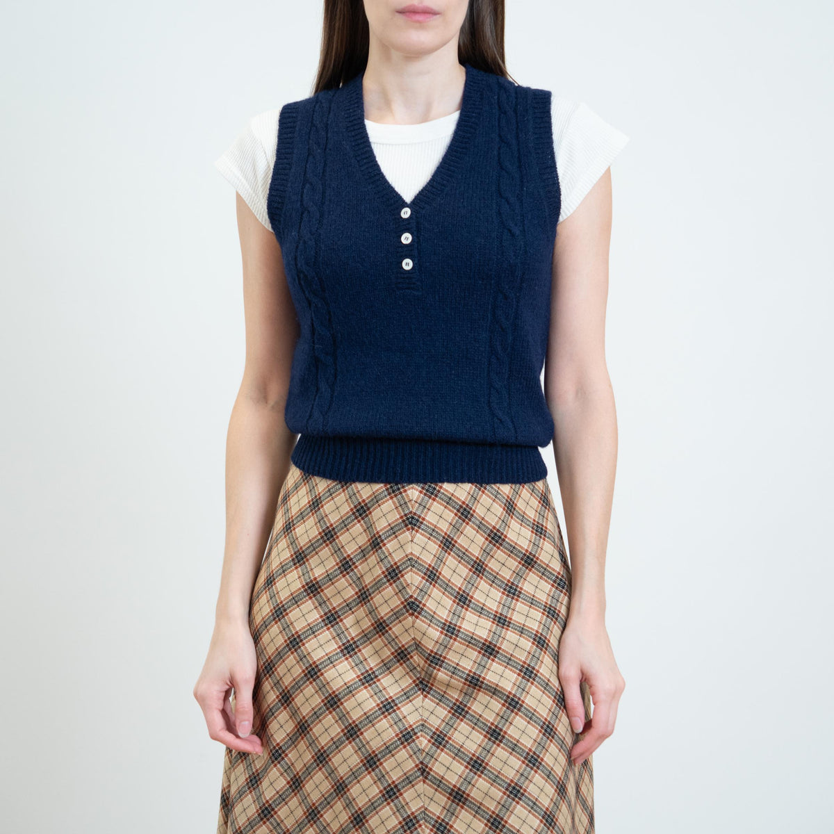 Vintage 90s L.L. Bean Navy Wool Sweater Vest - Small | Cropped Button Up Sleeveless Knit Top