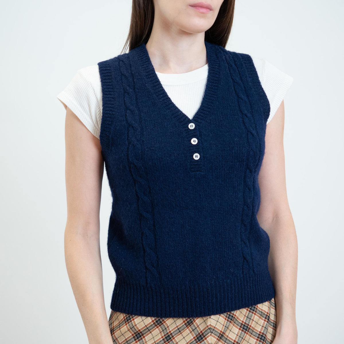 Vintage 90s L.L. Bean Navy Wool Sweater Vest - Small | Cropped Button Up Sleeveless Knit Top