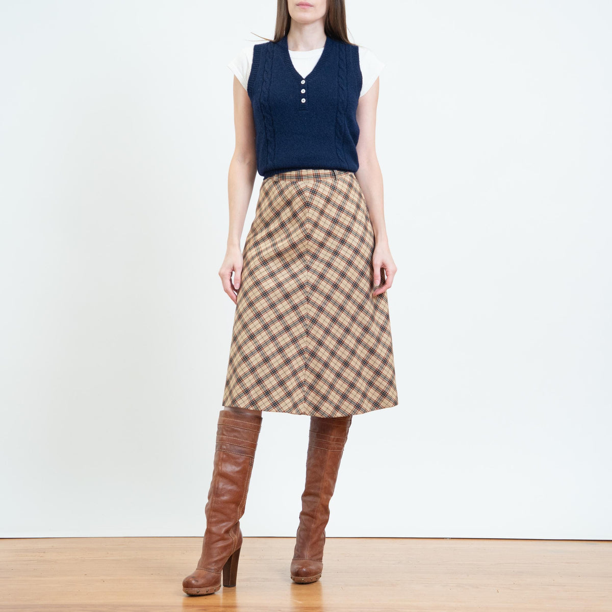 Vintage 70s Tan Plaid A-Line Midi Skirt - Extra Small, 25" Waist | High Waisted Schoolgirl Skirt