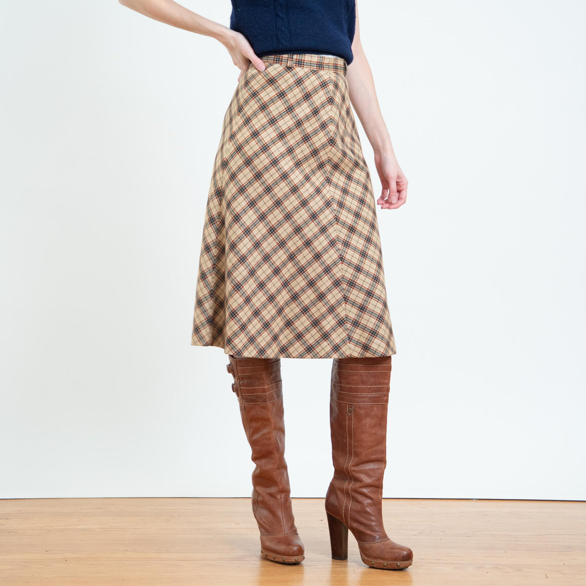 Vintage 70s Tan Plaid A-Line Midi Skirt - Extra Small, 25" Waist | High Waisted Schoolgirl Skirt