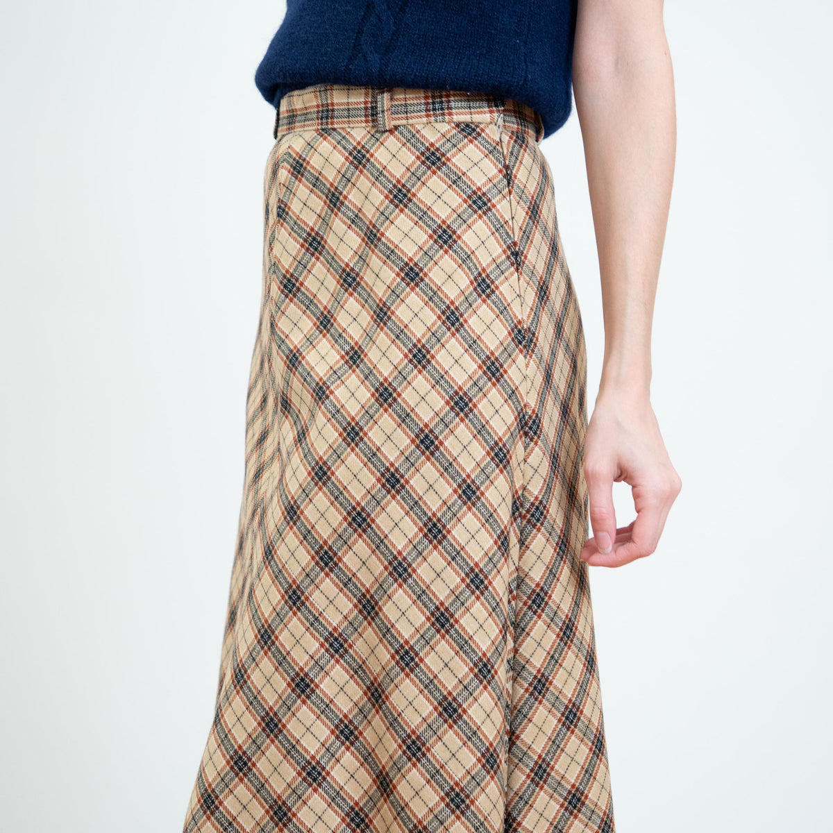 Vintage 70s Tan Plaid A-Line Midi Skirt - Extra Small, 25" Waist | High Waisted Schoolgirl Skirt