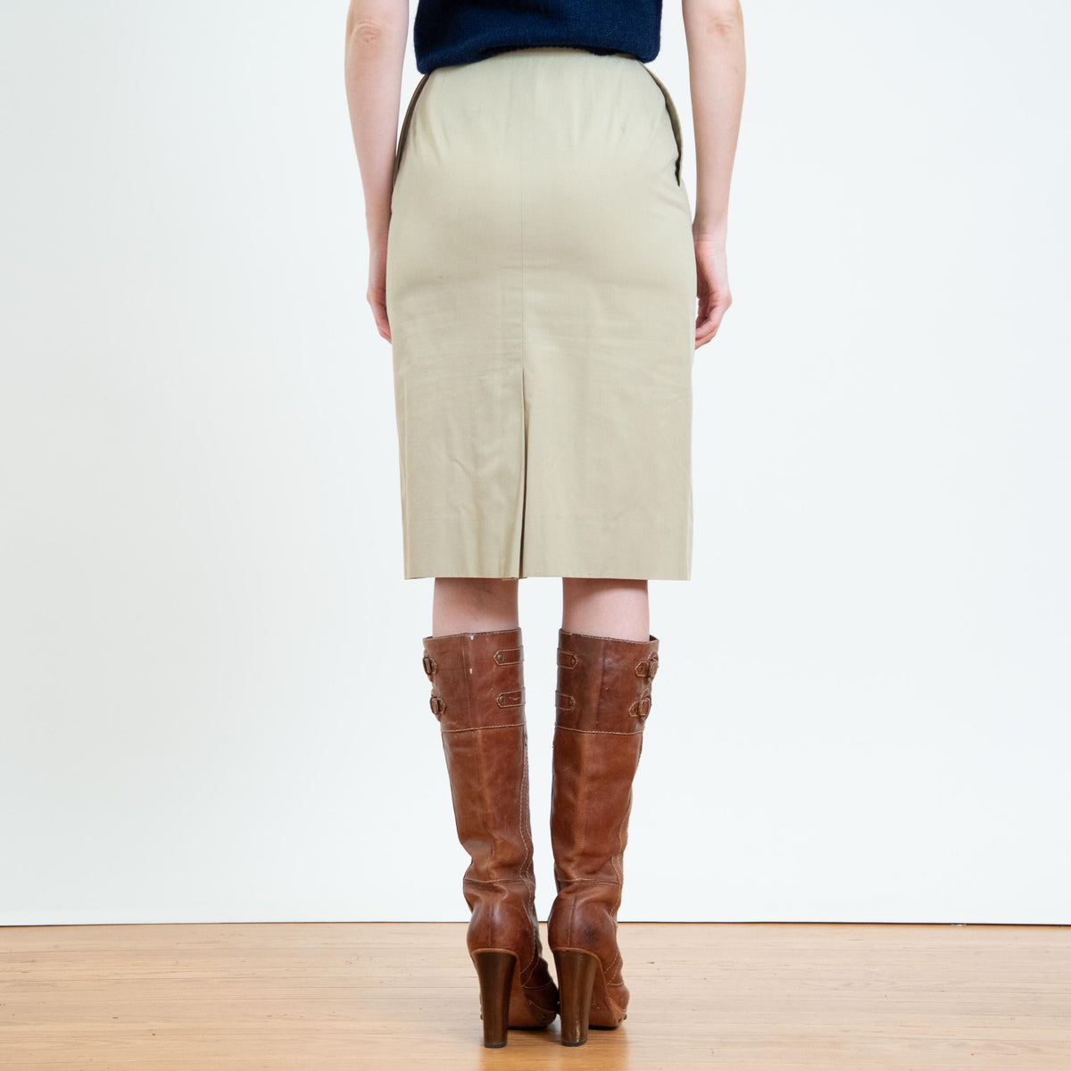 Vintage 50s Ann Taylor Khaki Side Zip Pencil Skirt - Extra Small, 23" Waist | 1950s High Waisted Knee Length Wiggle Skirt