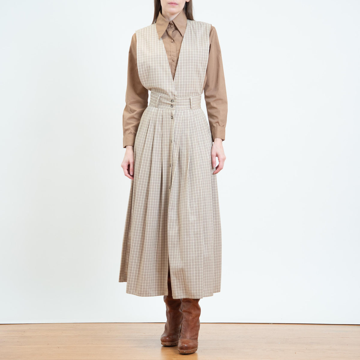 Vintage 90s Plaid Cotton Pinafore Maxi Dress - Extra Small | Preppy Sleeveless Jumper Dress