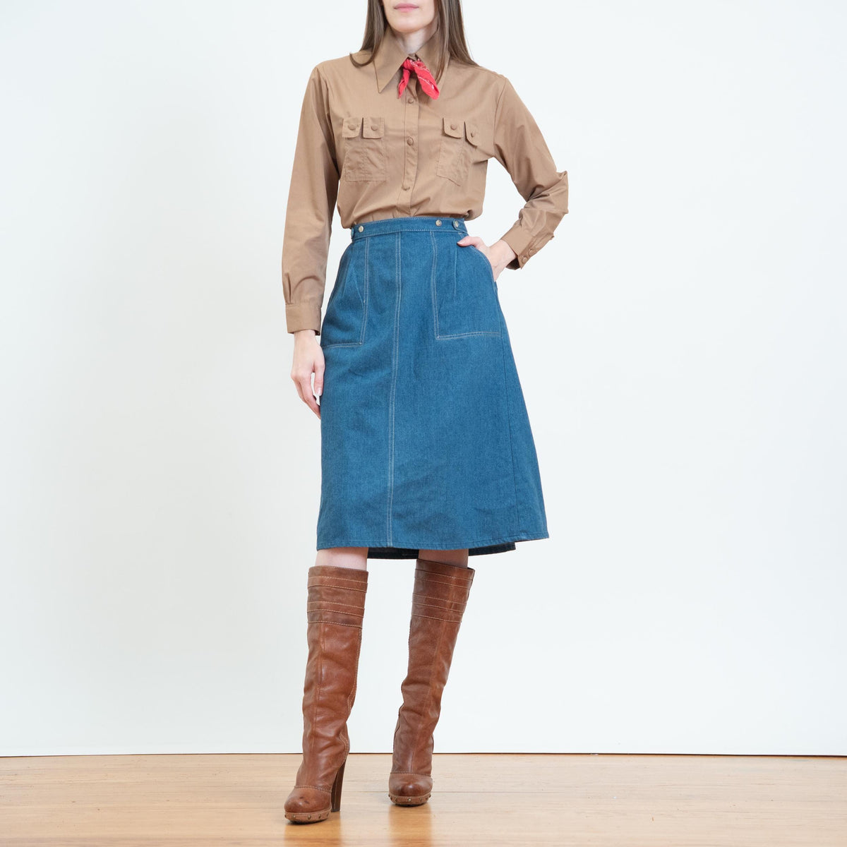 Vintage 70s Denim Midi Wrap Skirt - Small, 26" Waist | Blue Jean High Waisted A Line Skirt