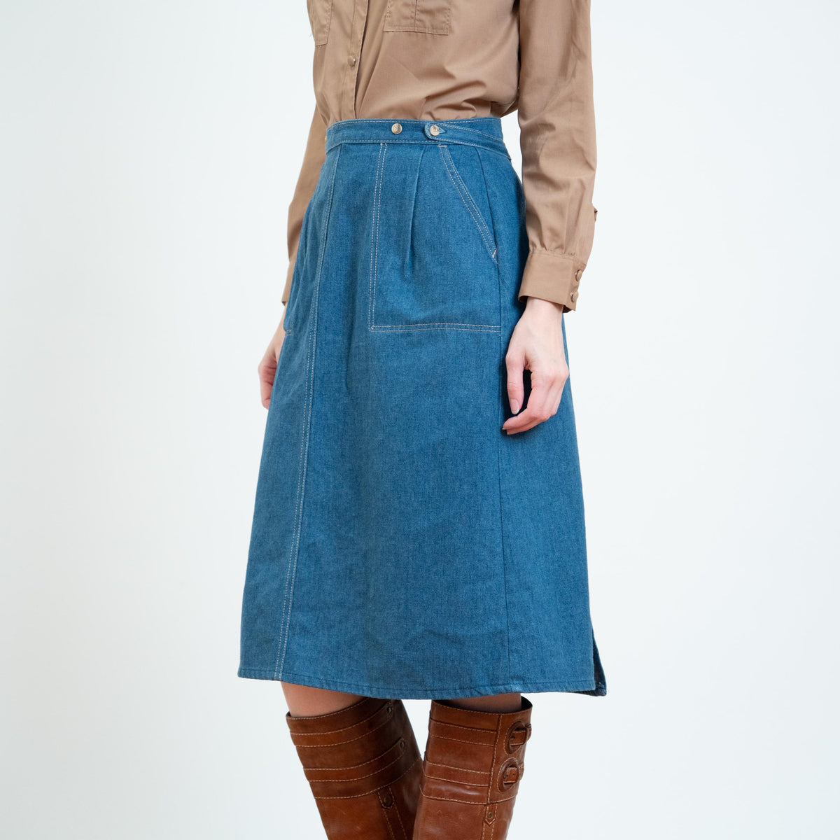 Vintage 70s Denim Midi Wrap Skirt - Small, 26" Waist | Blue Jean High Waisted A Line Skirt