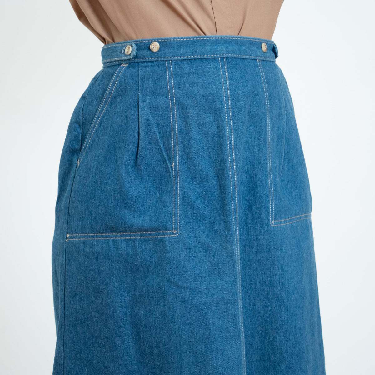 Vintage 70s Denim Midi Wrap Skirt - Small, 26" Waist | Blue Jean High Waisted A Line Skirt