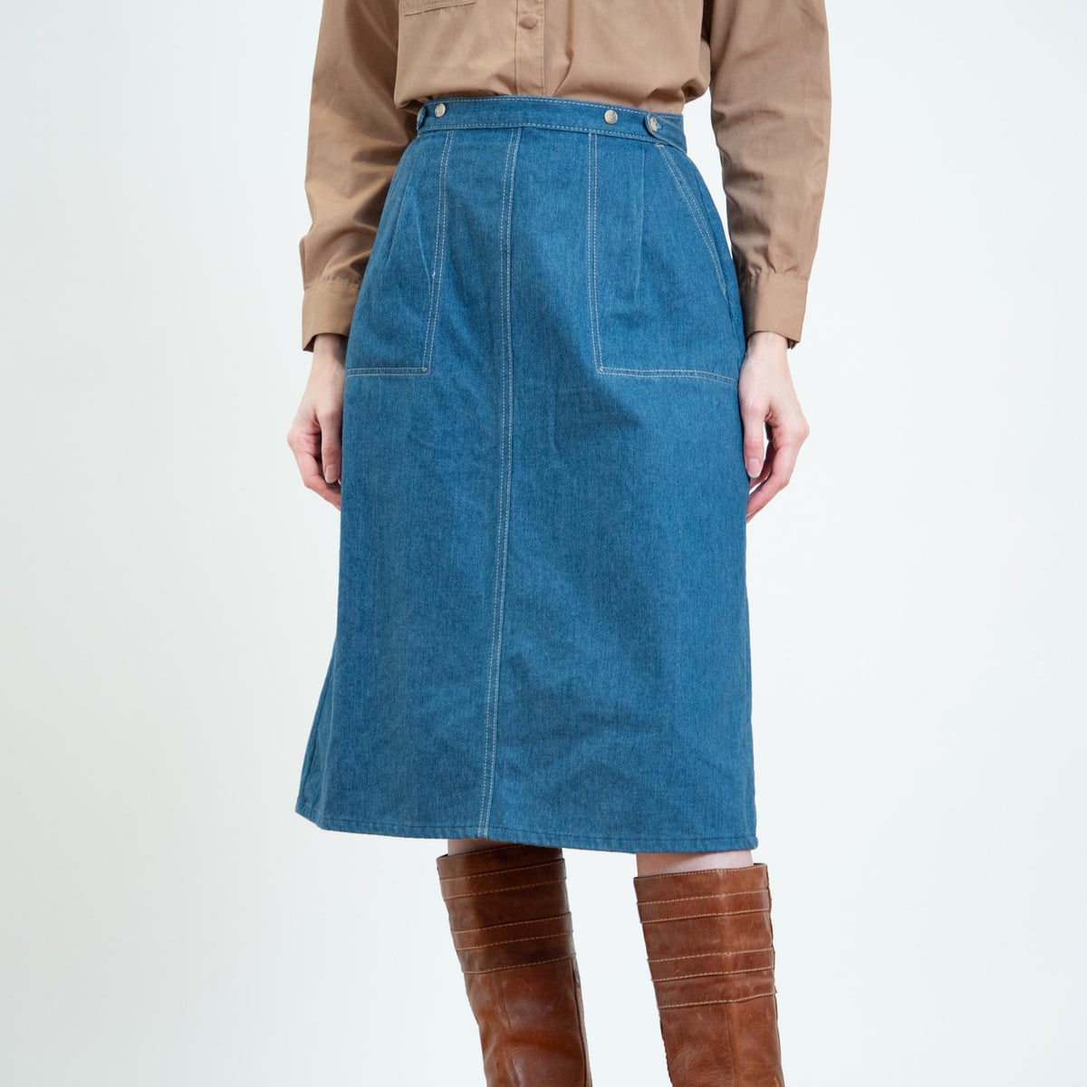 Vintage 70s Denim Midi Wrap Skirt - Small, 26" Waist | Blue Jean High Waisted A Line Skirt