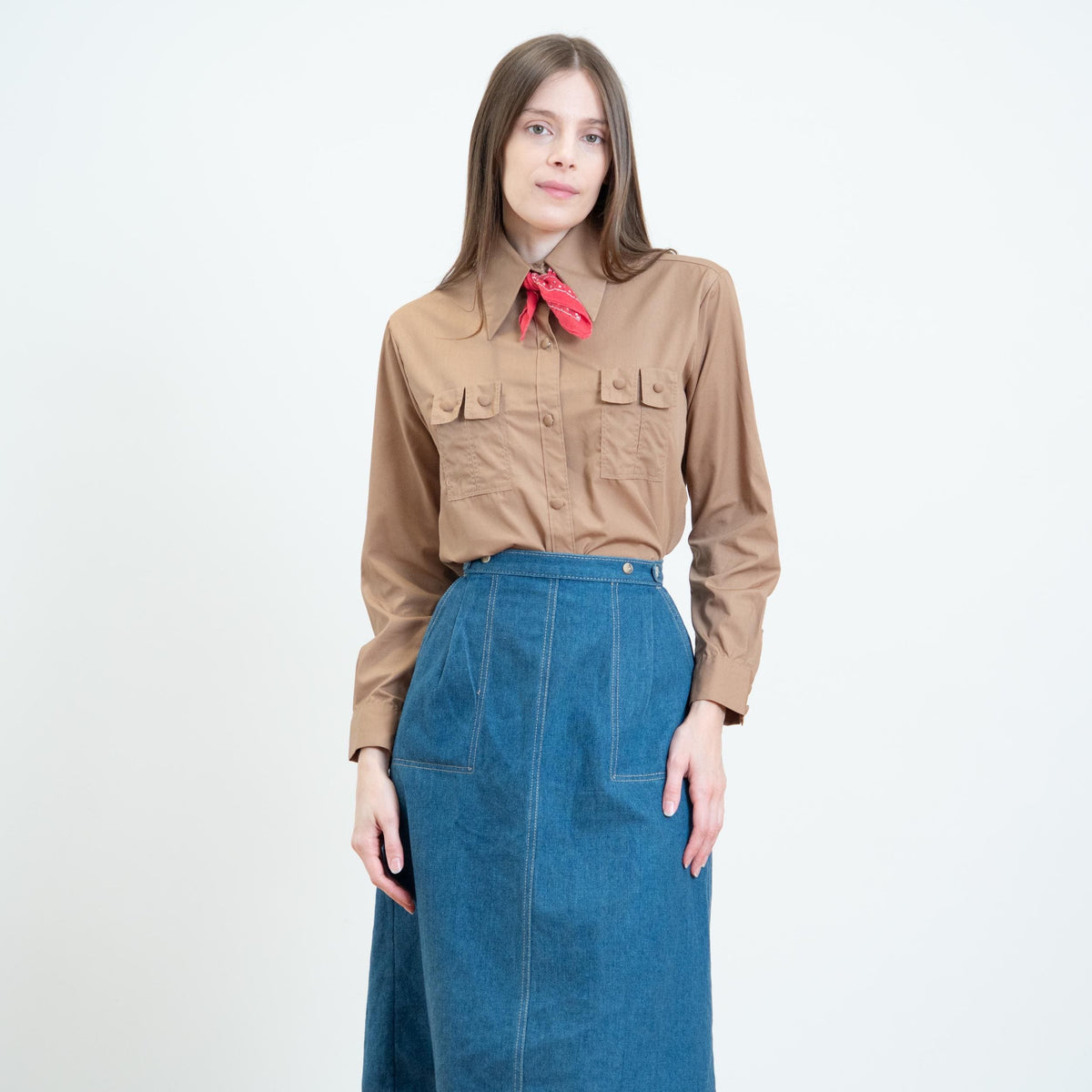 Vintage 70s Cocoa Brown Double Chest Pocket Shirt - Small | Dagger Collar Button Up Long Sleeve Top