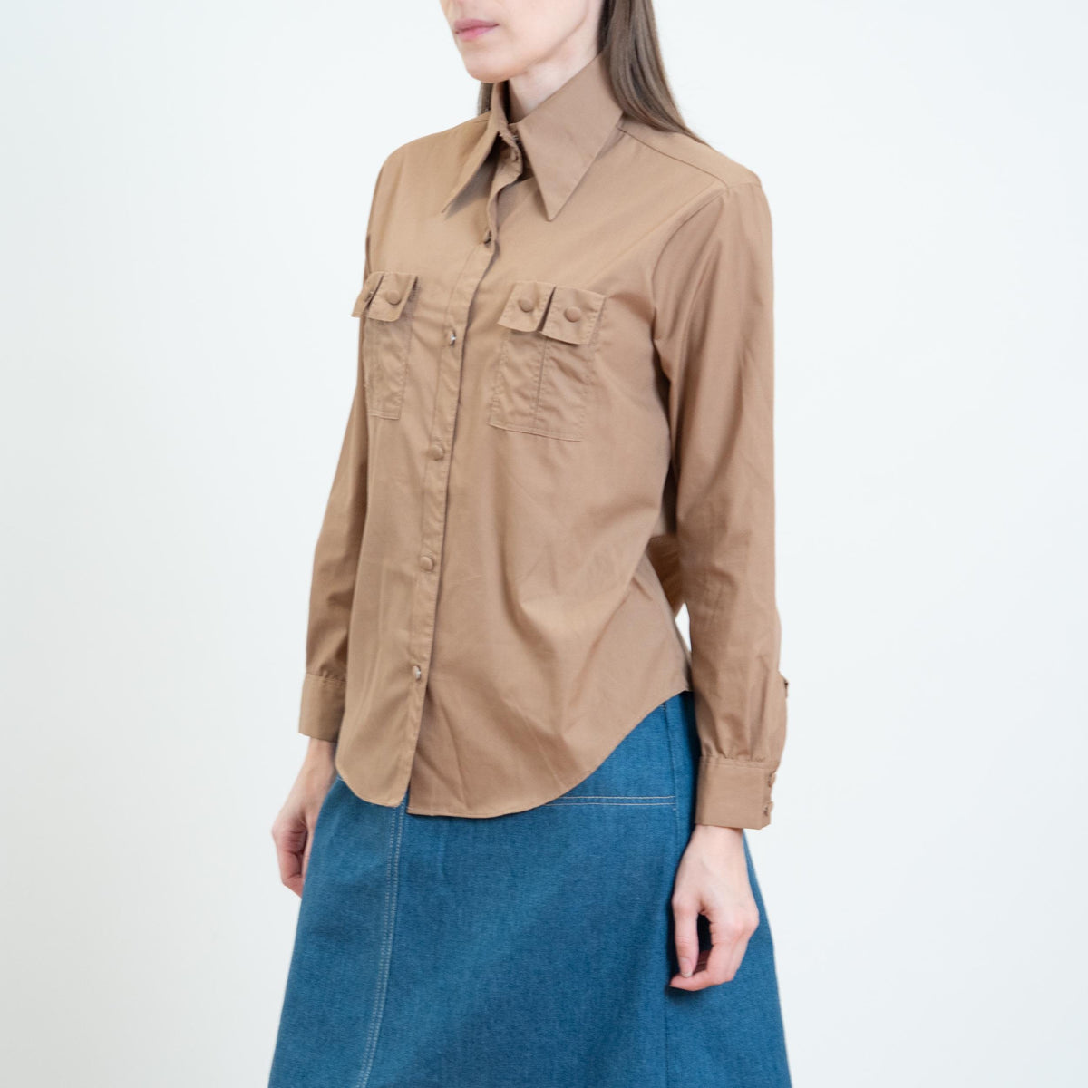 Vintage 70s Cocoa Brown Double Chest Pocket Shirt - Small | Dagger Collar Button Up Long Sleeve Top