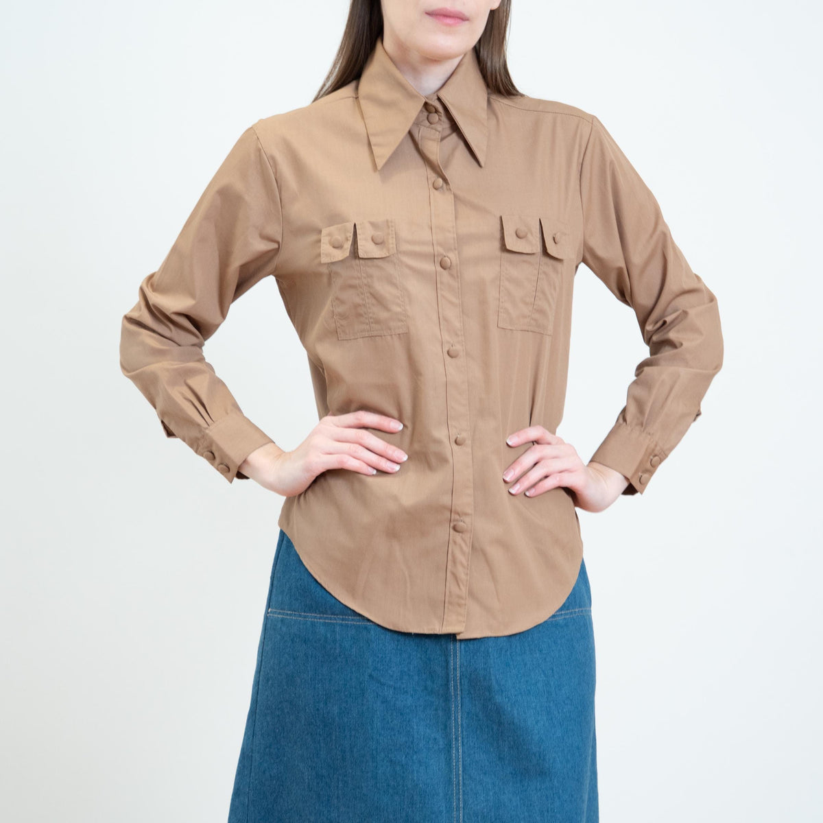 Vintage 70s Cocoa Brown Double Chest Pocket Shirt - Small | Dagger Collar Button Up Long Sleeve Top