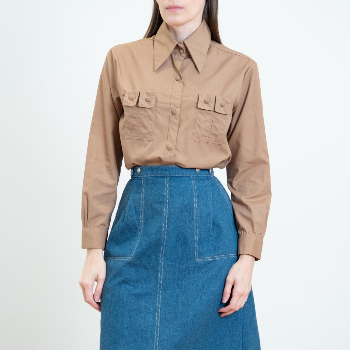 Vintage 70s Cocoa Brown Double Chest Pocket Shirt - Small | Dagger Collar Button Up Long Sleeve Top