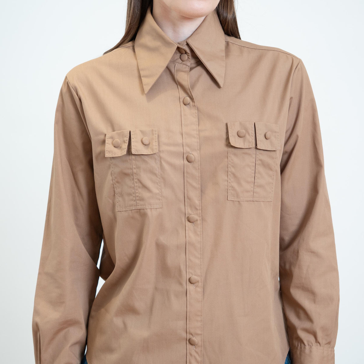 Vintage 70s Cocoa Brown Double Chest Pocket Shirt - Small | Dagger Collar Button Up Long Sleeve Top