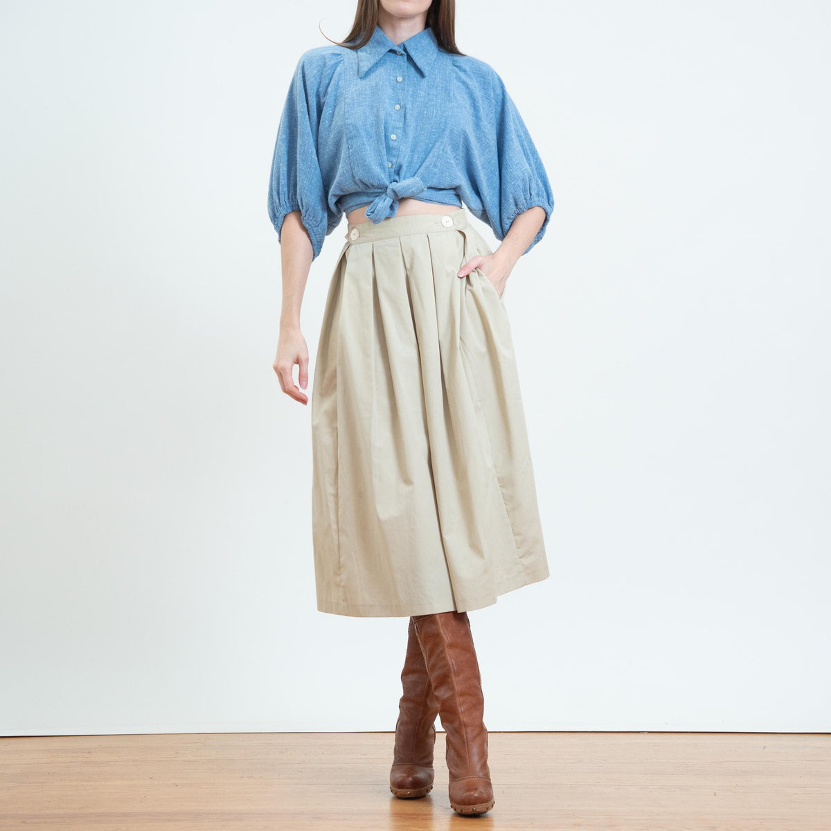Vintage 80s Khaki Double Breasted Box Pleat Skirt - Small, 26-27" Waist | High Waisted Minimalist Full Pocket Skirt