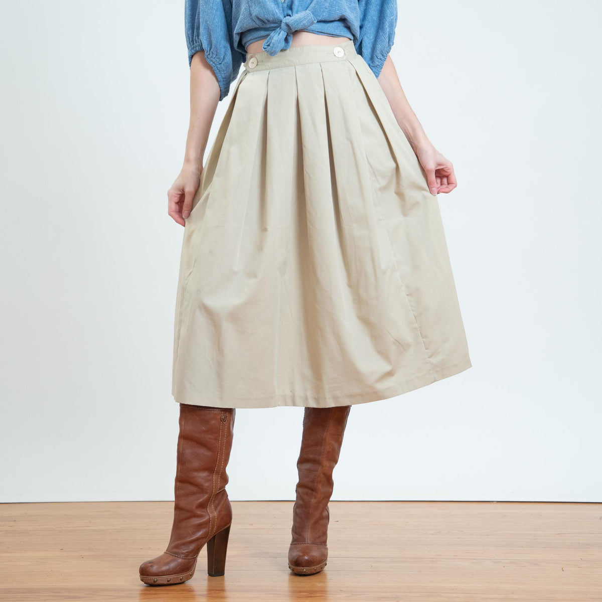 Vintage 80s Khaki Double Breasted Box Pleat Skirt - Small, 26-27" Waist | High Waisted Minimalist Full Pocket Skirt