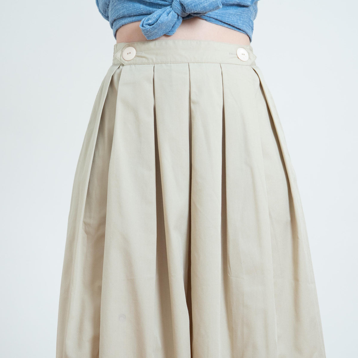 Vintage 80s Khaki Double Breasted Box Pleat Skirt - Small, 26-27" Waist | High Waisted Minimalist Full Pocket Skirt