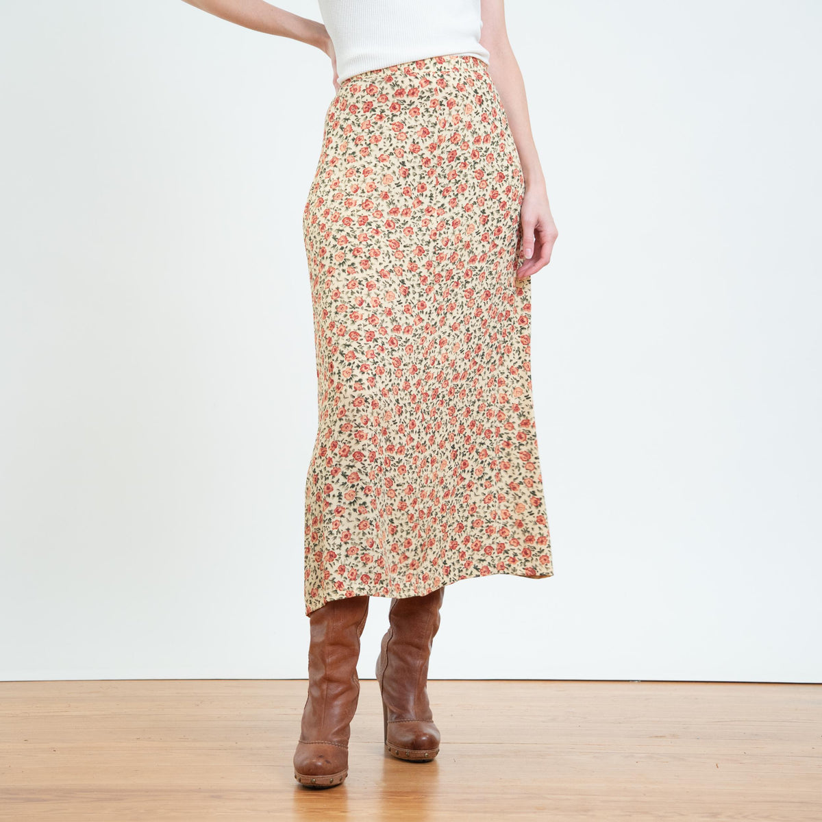 Vintage Y2K Butter Yellow Floral Maxi Skirt - Small, 26” Waist | Boho High Waisted Bias Cut A Line Skirt
