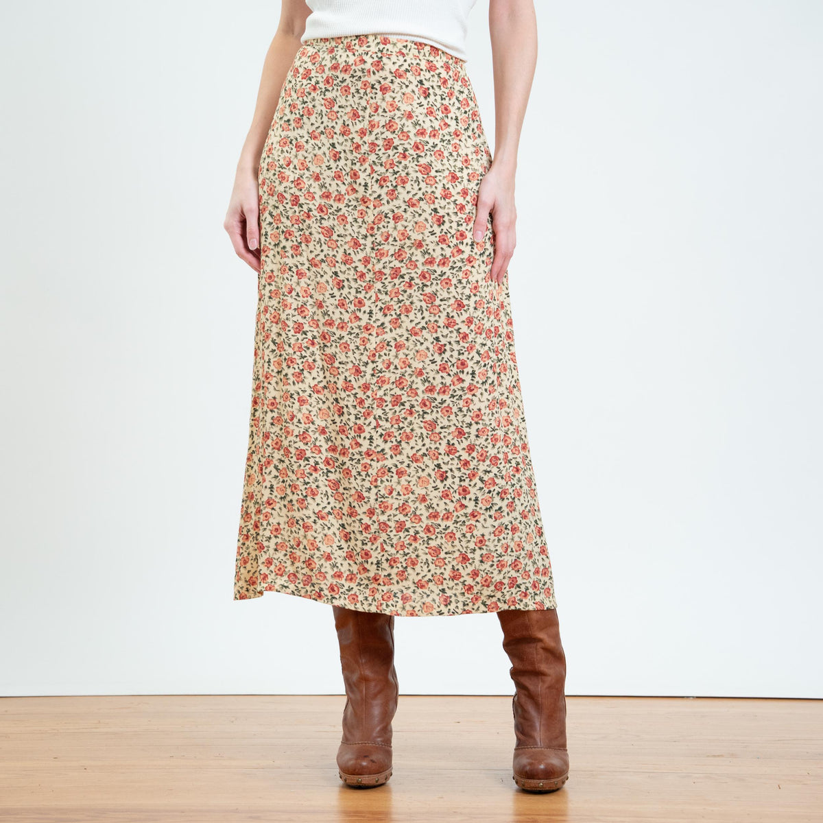Vintage Y2K Butter Yellow Floral Maxi Skirt - Small, 26” Waist | Boho High Waisted Bias Cut A Line Skirt