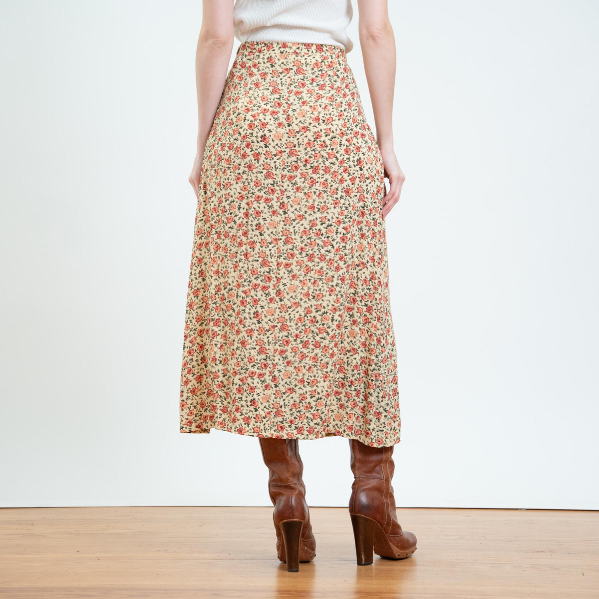 Vintage Y2K Butter Yellow Floral Maxi Skirt - Small, 26” Waist | Boho High Waisted Bias Cut A Line Skirt