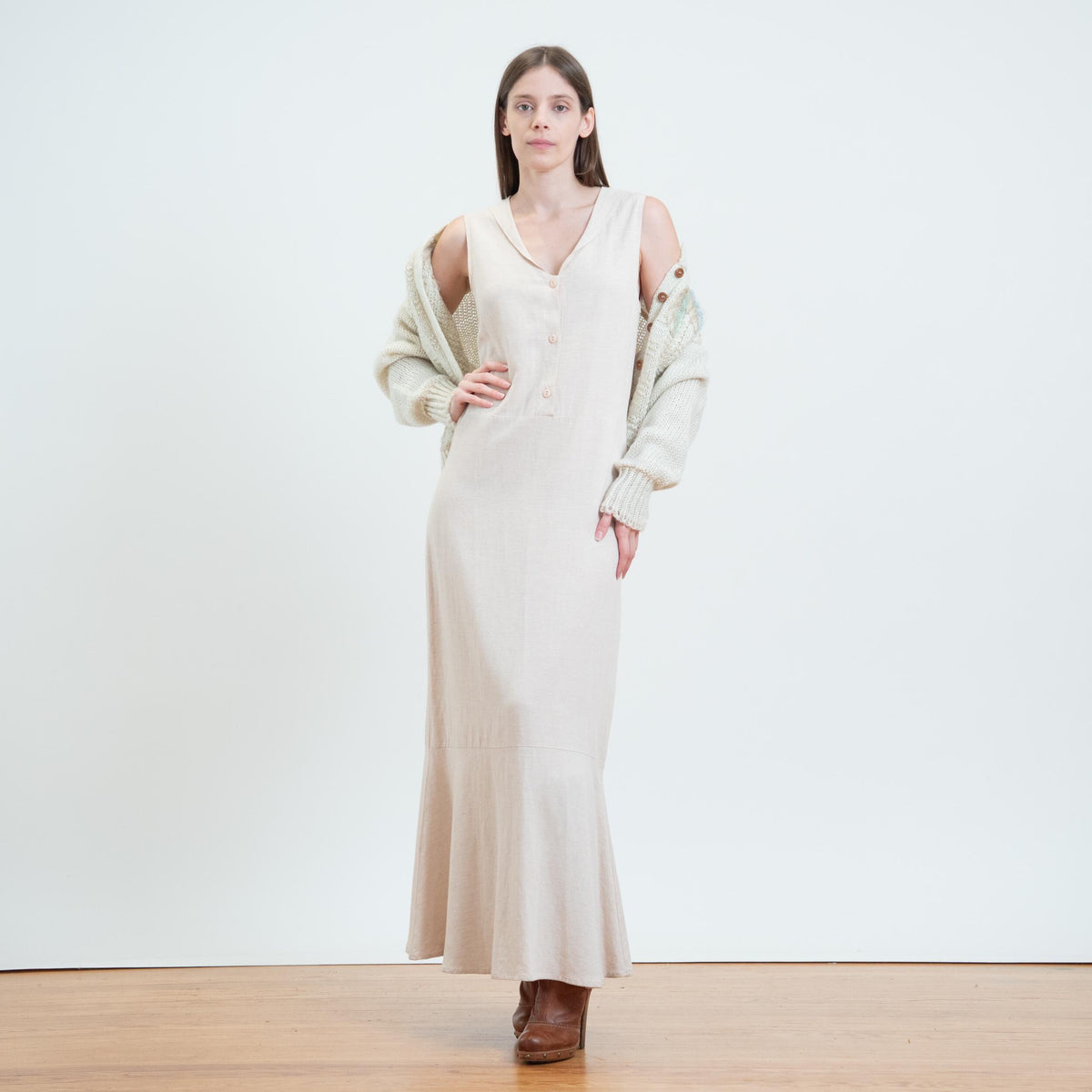 Vintage Y2K Light Blush Sleeveless Maxi Dress - Small | Minimalist Trumpet Hem Pinafore