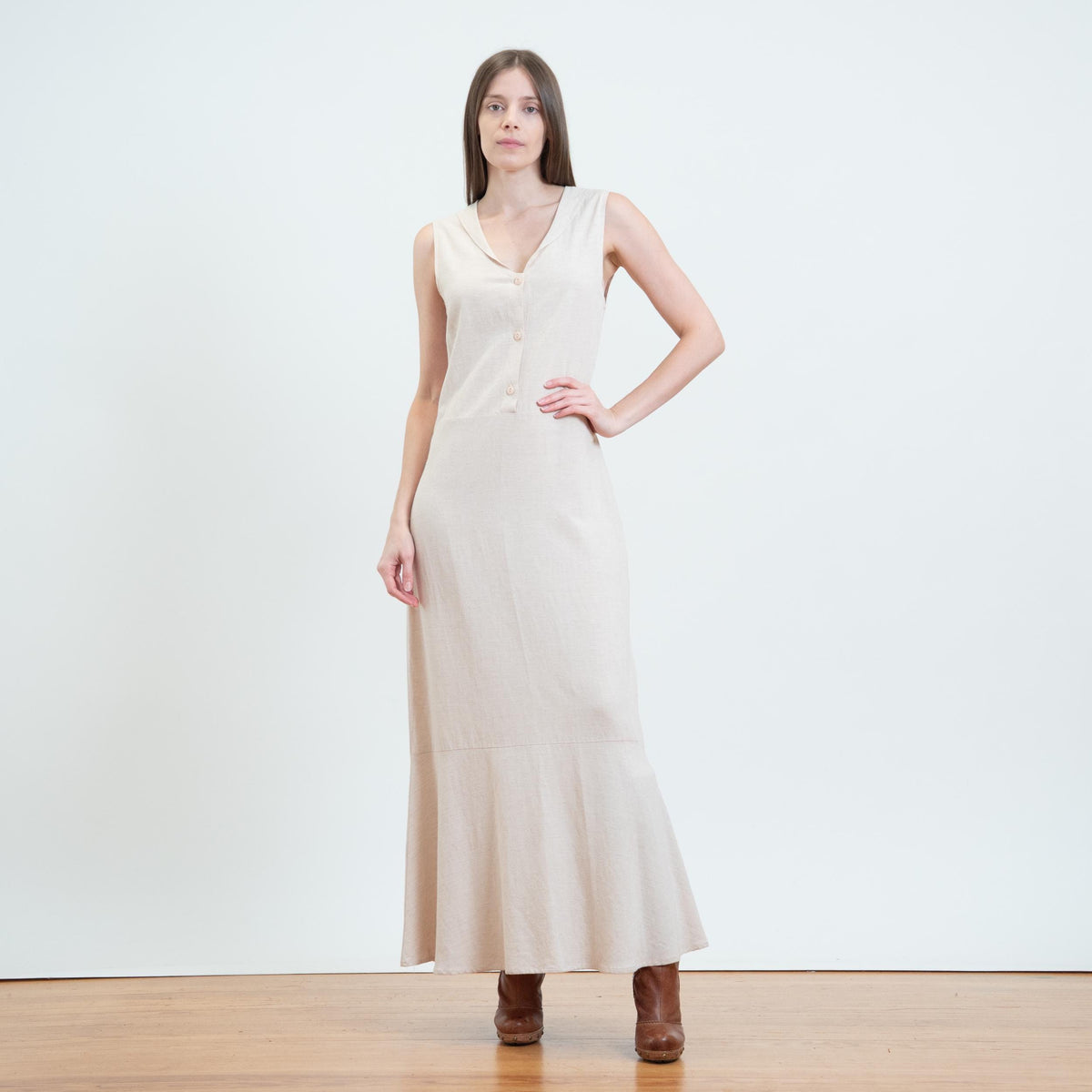 Vintage Y2K Light Blush Sleeveless Maxi Dress - Small | Minimalist Trumpet Hem Pinafore