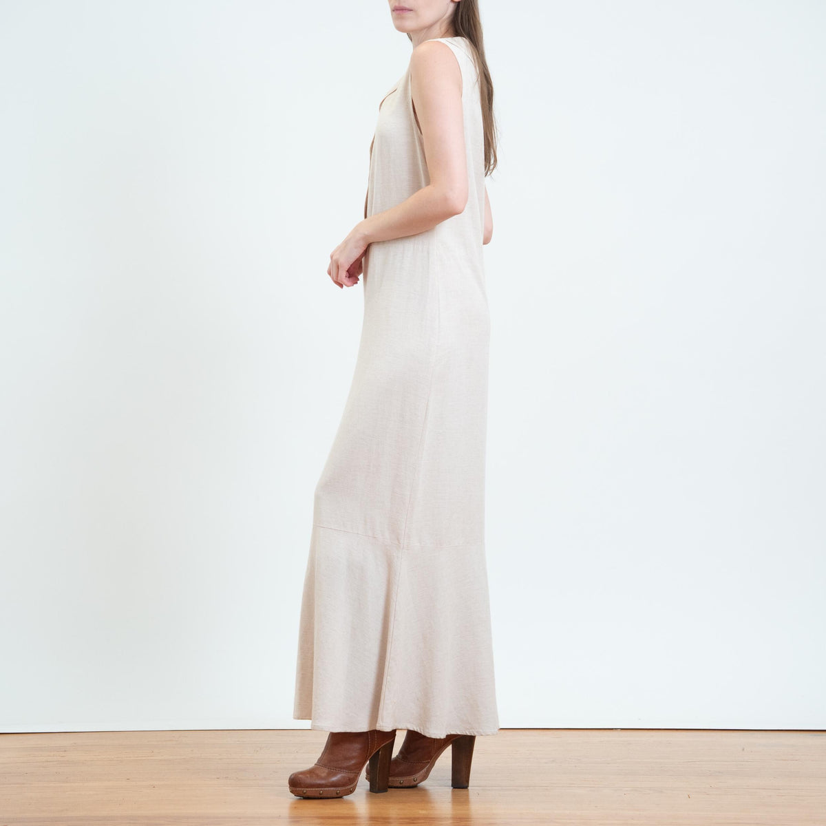Vintage Y2K Light Blush Sleeveless Maxi Dress - Small | Minimalist Trumpet Hem Pinafore