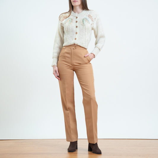 Vintage 70s Golden Tan Straight Leg Pants - Extra Small, 24" Waist | High Waisted Yoked Waist Trousers