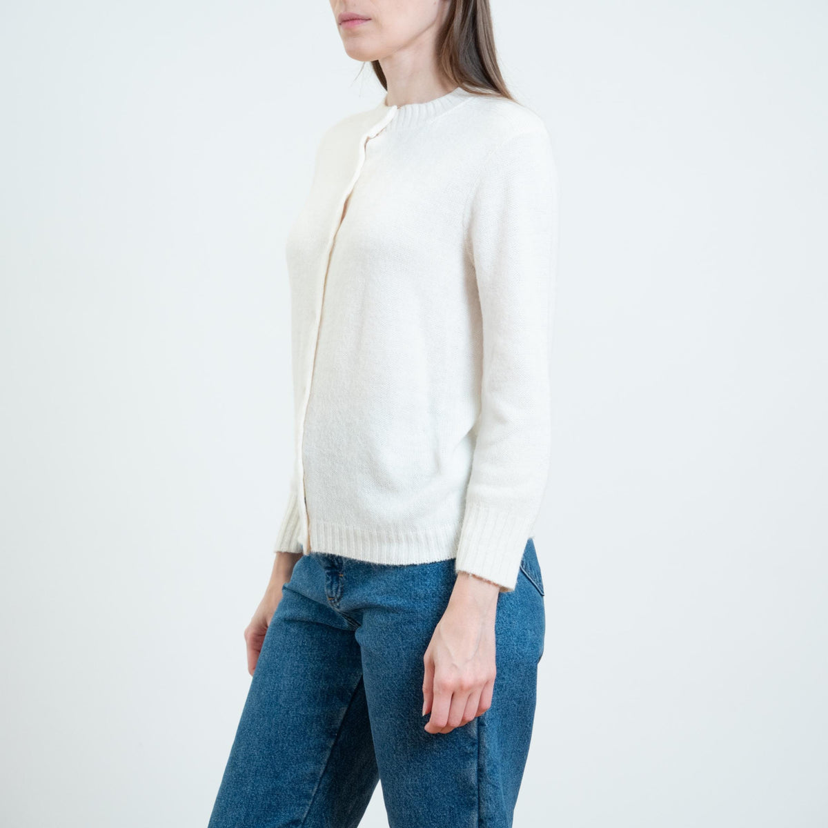 Vintage 70s Soft White Knit Cardigan - Medium | Plain Button Up Sweater