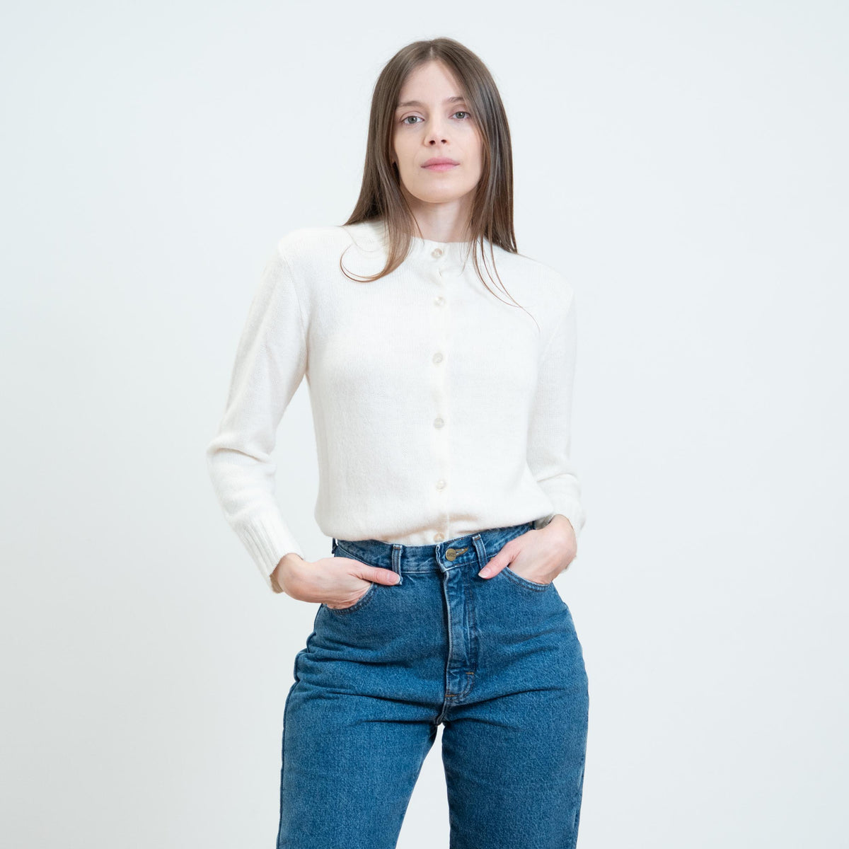 Vintage 70s Soft White Knit Cardigan - Medium | Plain Button Up Sweater