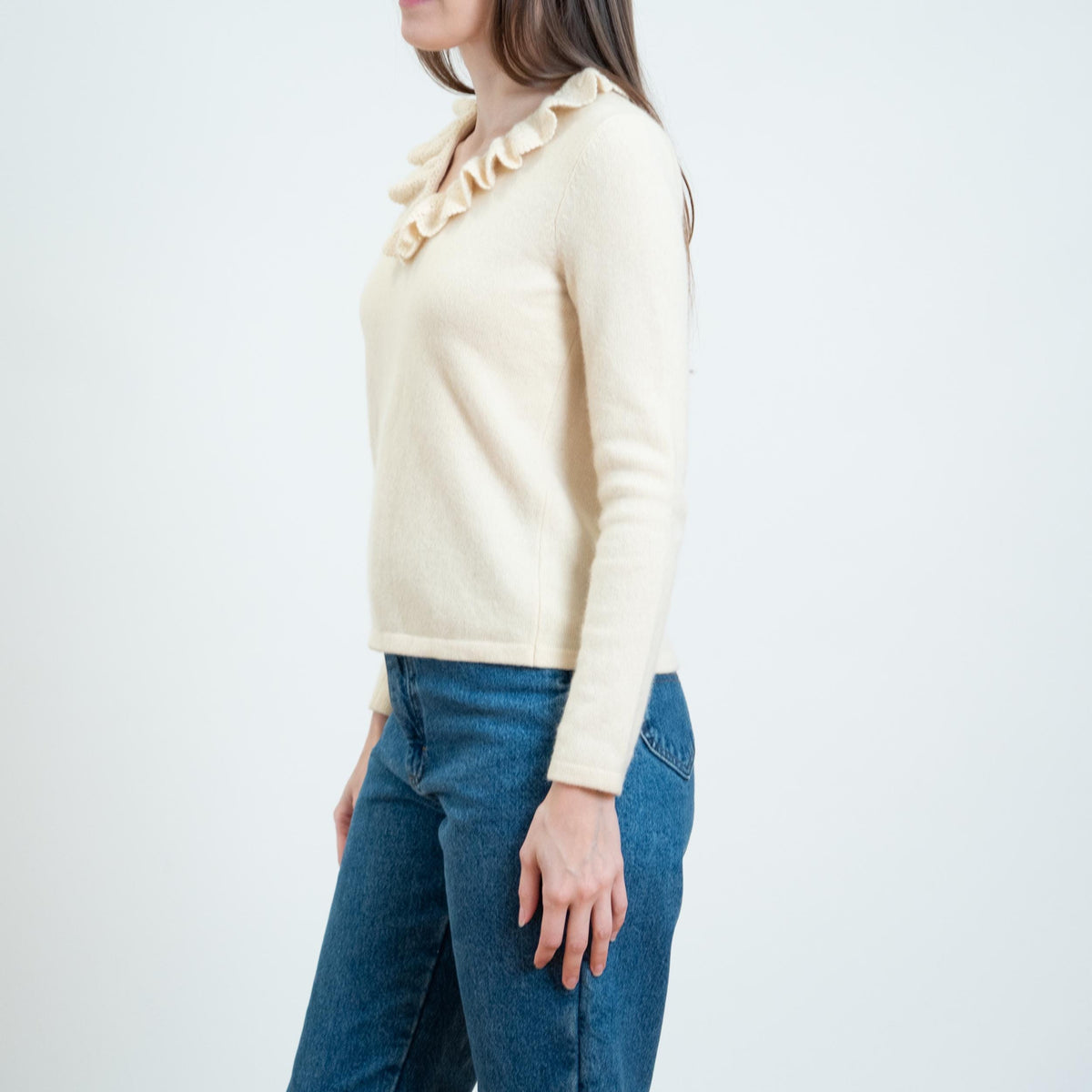 Vintage Y2K Ralph Lauren Cream Angora Cashmere Ruffle Collar Sweater - Small | LRL Preppy Knit Pullover Sweater