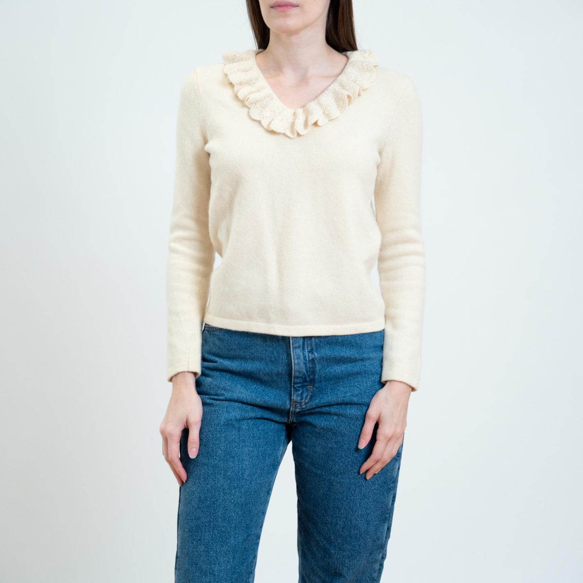 Vintage Y2K Ralph Lauren Cream Angora Cashmere Ruffle Collar Sweater - Small | LRL Preppy Knit Pullover Sweater