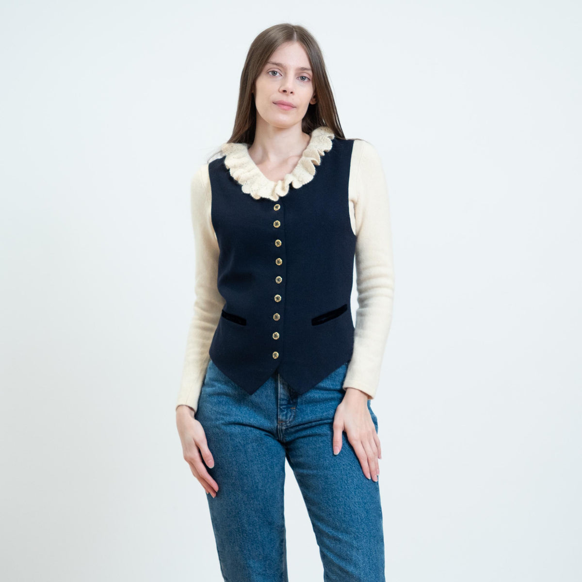 Vintage 90s Navy Wool Suit Vest - Small to Medium | Button Up Sleeveless Layering Top