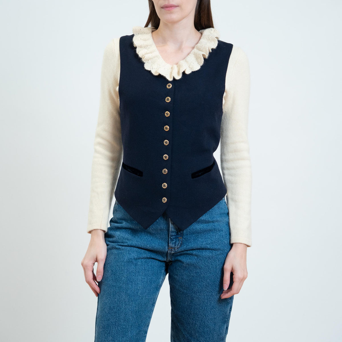 Vintage 90s Navy Wool Suit Vest - Small to Medium | Button Up Sleeveless Layering Top