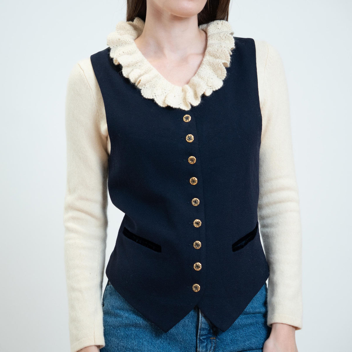 Vintage 90s Navy Wool Suit Vest - Small to Medium | Button Up Sleeveless Layering Top