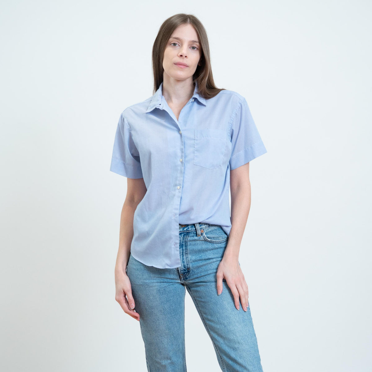 Vintage 90s Periwinkle Loop Collar Button Up Shirt - Large | Lightweight Collared Short Sleeve Blouse